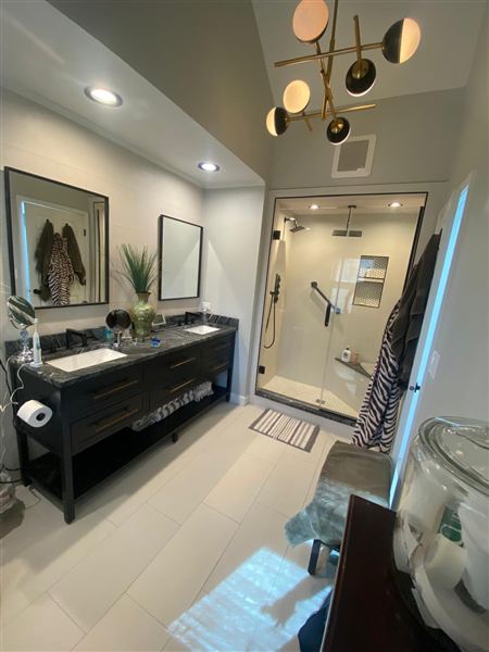 Master bath double vanity walk-in tiled shower completed by NG Construction & Improvements